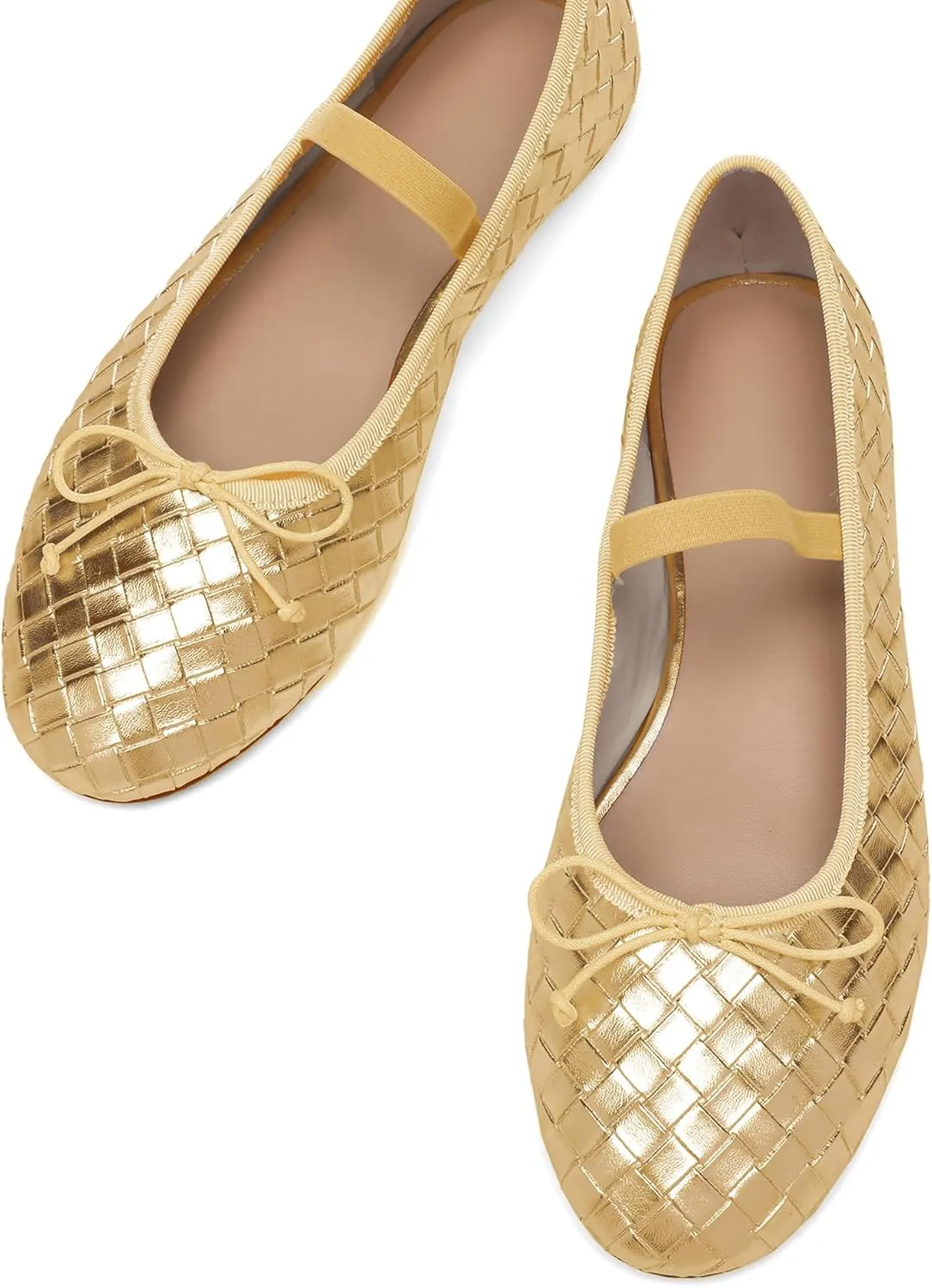 Woven Ballet Flats for Women Almond Toe Mary Jane Flats Stretch Band Bow Ballerina Shoes