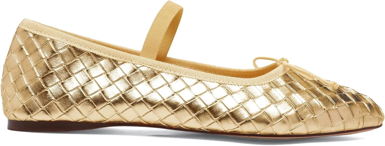 Woven Ballet Flats for Women Almond Toe Mary Jane Flats Stretch Band Bow Ballerina Shoes