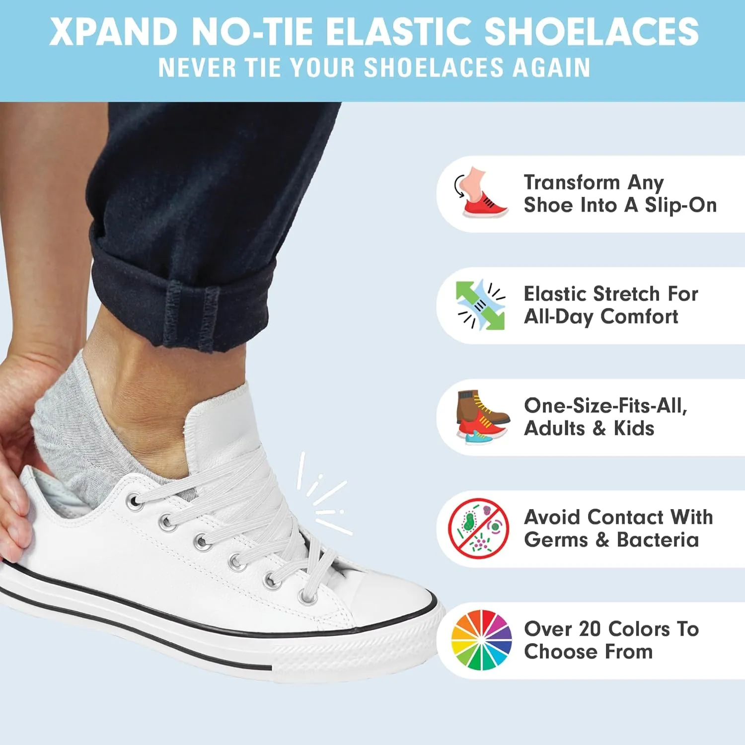 Xpand No Tie Elastic Shoe Laces 2Pack. No Show Lace Locks. Tieless Stretch Comfort for Athletes and Runners