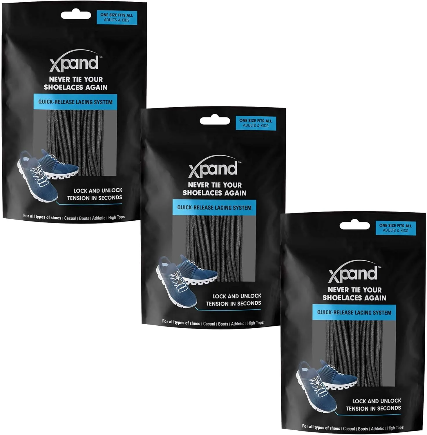 Xpand Round No Tie Shoelaces - Elastic Lacing System - One Size Fits All Adults and Kids Shoes (Pack of 3)