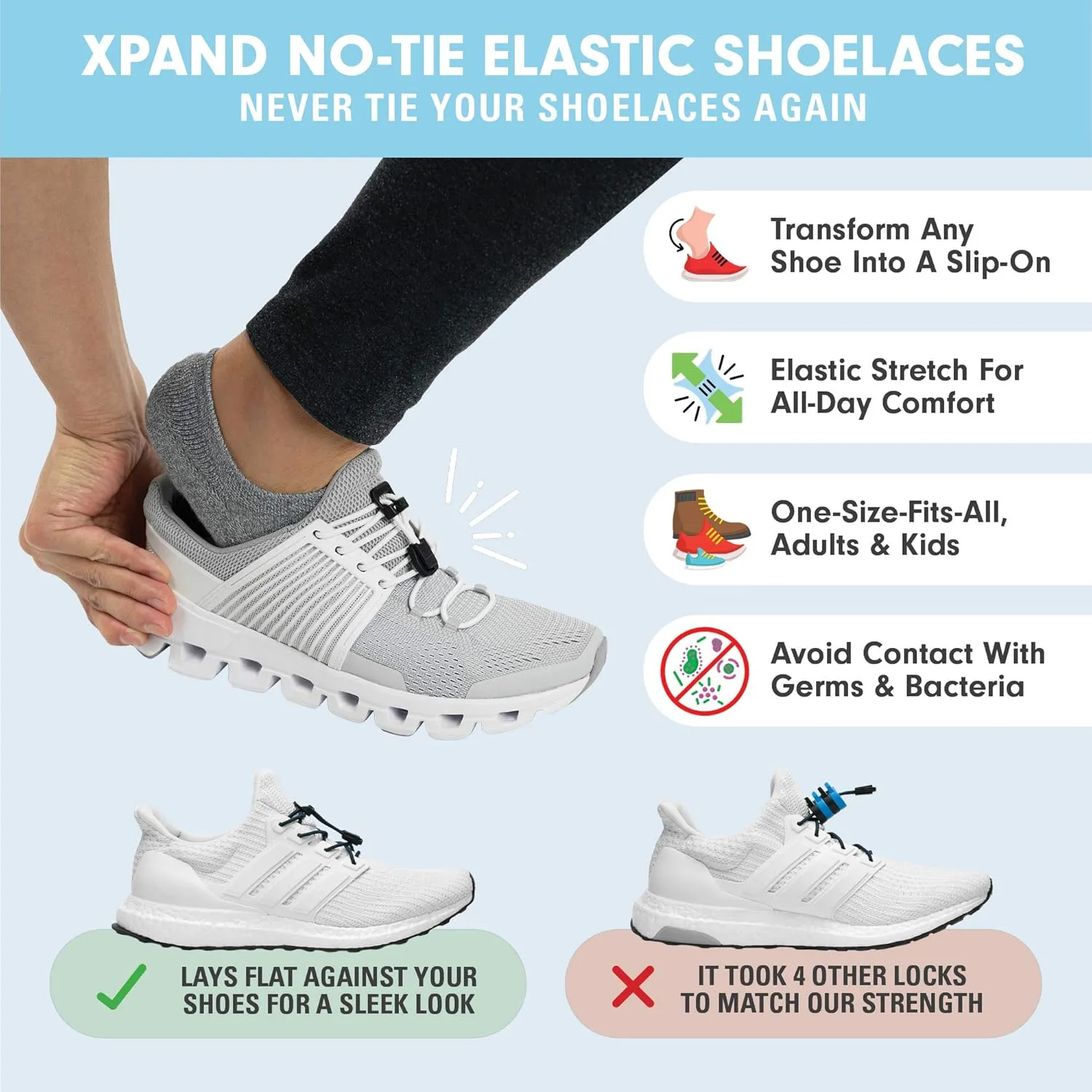 Xpand Round No Tie Shoelaces - Elastic Lacing System - One Size Fits All Adults and Kids Shoes (Pack of 3)