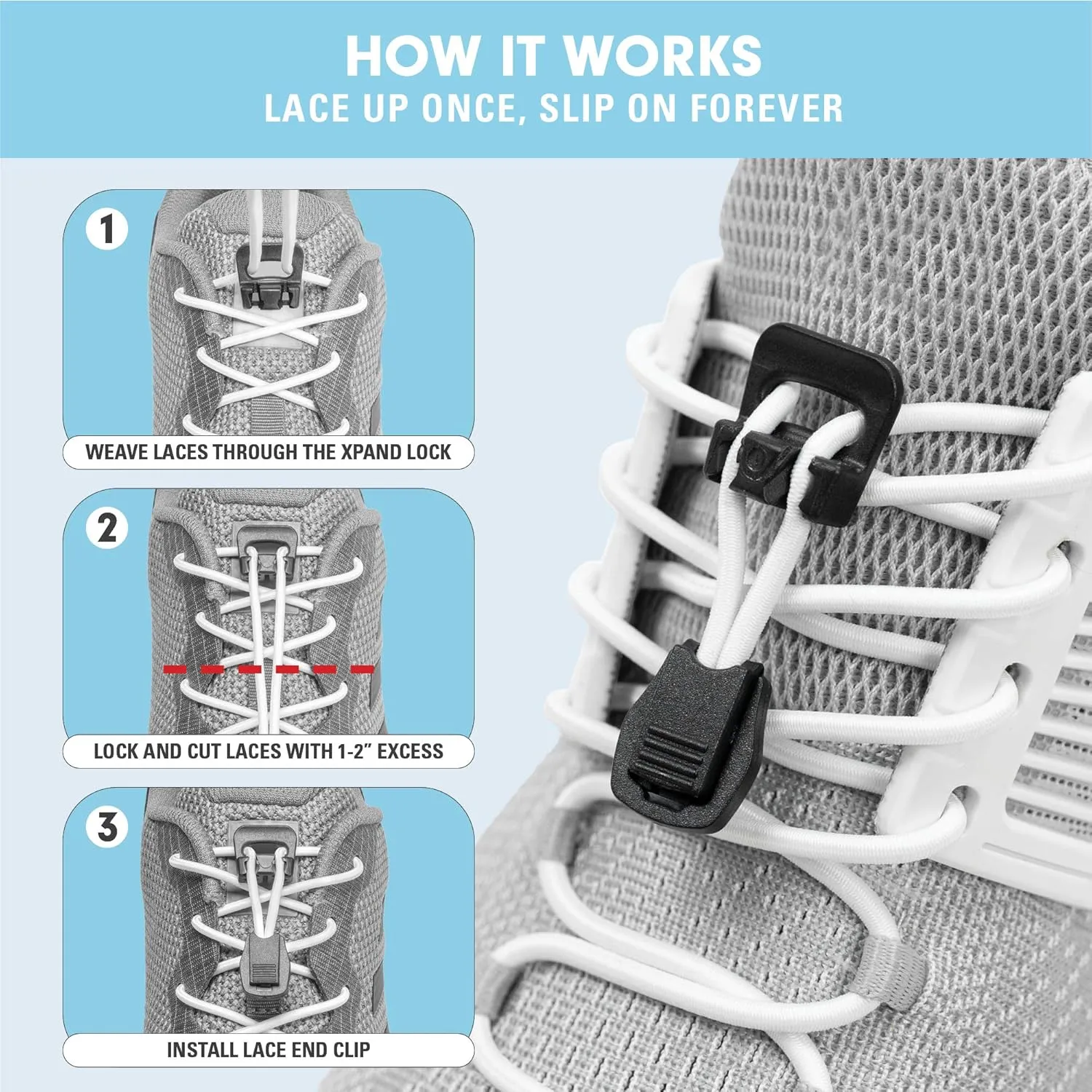 Xpand Round No Tie Shoelaces - Elastic Lacing System - One Size Fits All Adults and Kids Shoes (Pack of 3)