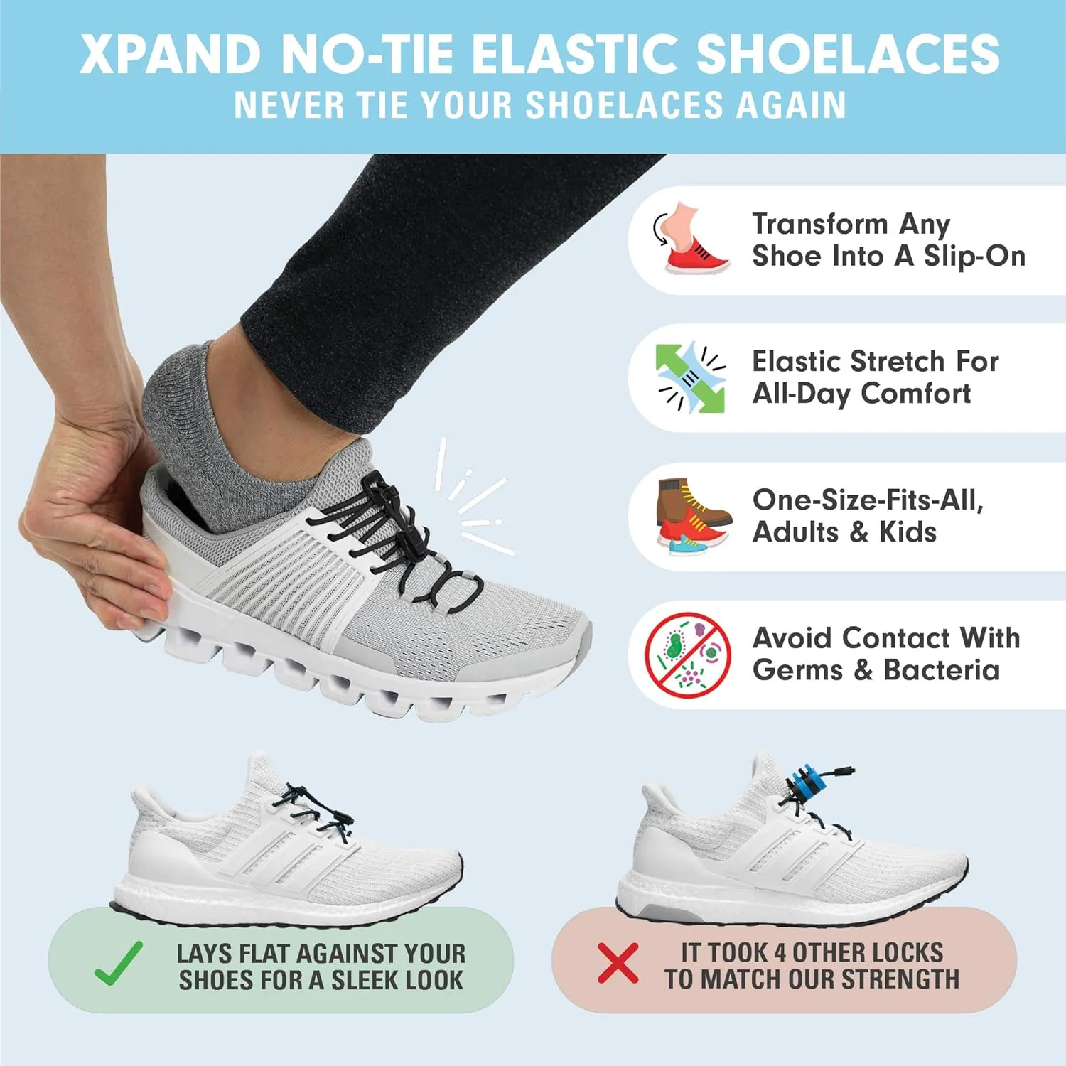 Xpand Round No Tie Shoelaces - Elastic Lacing System - One Size Fits All Adults and Kids Shoes (Pack of 3)