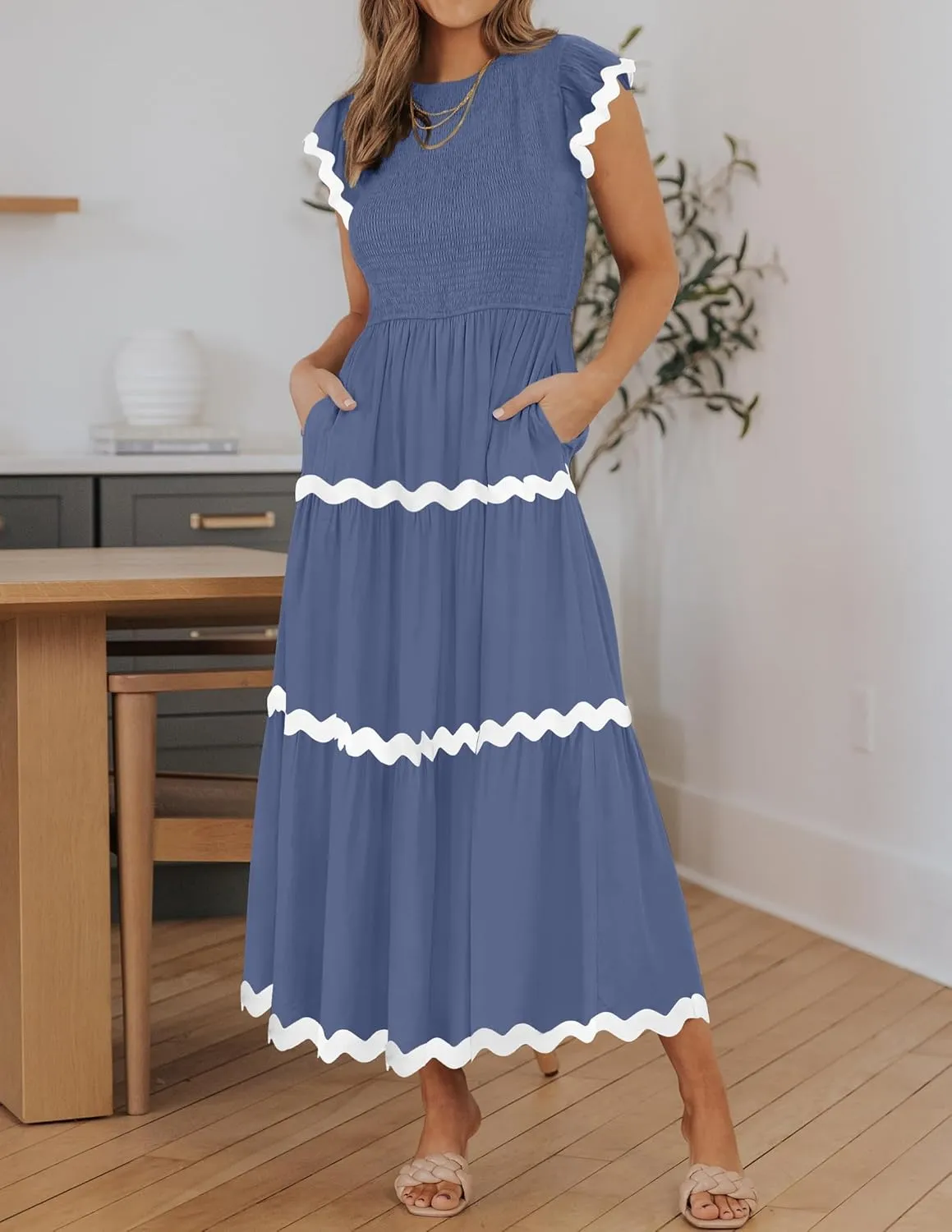 ZESICA Women's Summer Flutter Short Sleeve Smocked Midi Dress Casual High Waist Rickrack Tiered Flowy Dresses