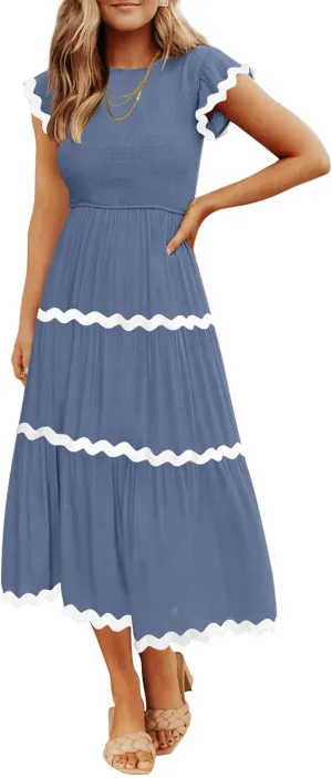 ZESICA Women's Summer Flutter Short Sleeve Smocked Midi Dress Casual High Waist Rickrack Tiered Flowy Dresses