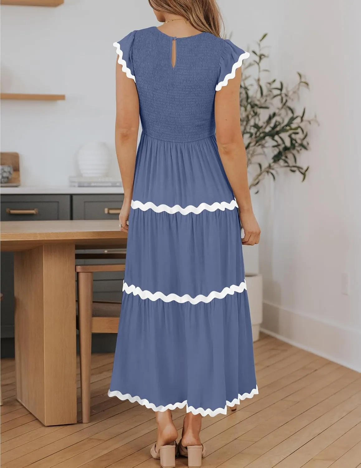 ZESICA Women's Summer Flutter Short Sleeve Smocked Midi Dress Casual High Waist Rickrack Tiered Flowy Dresses