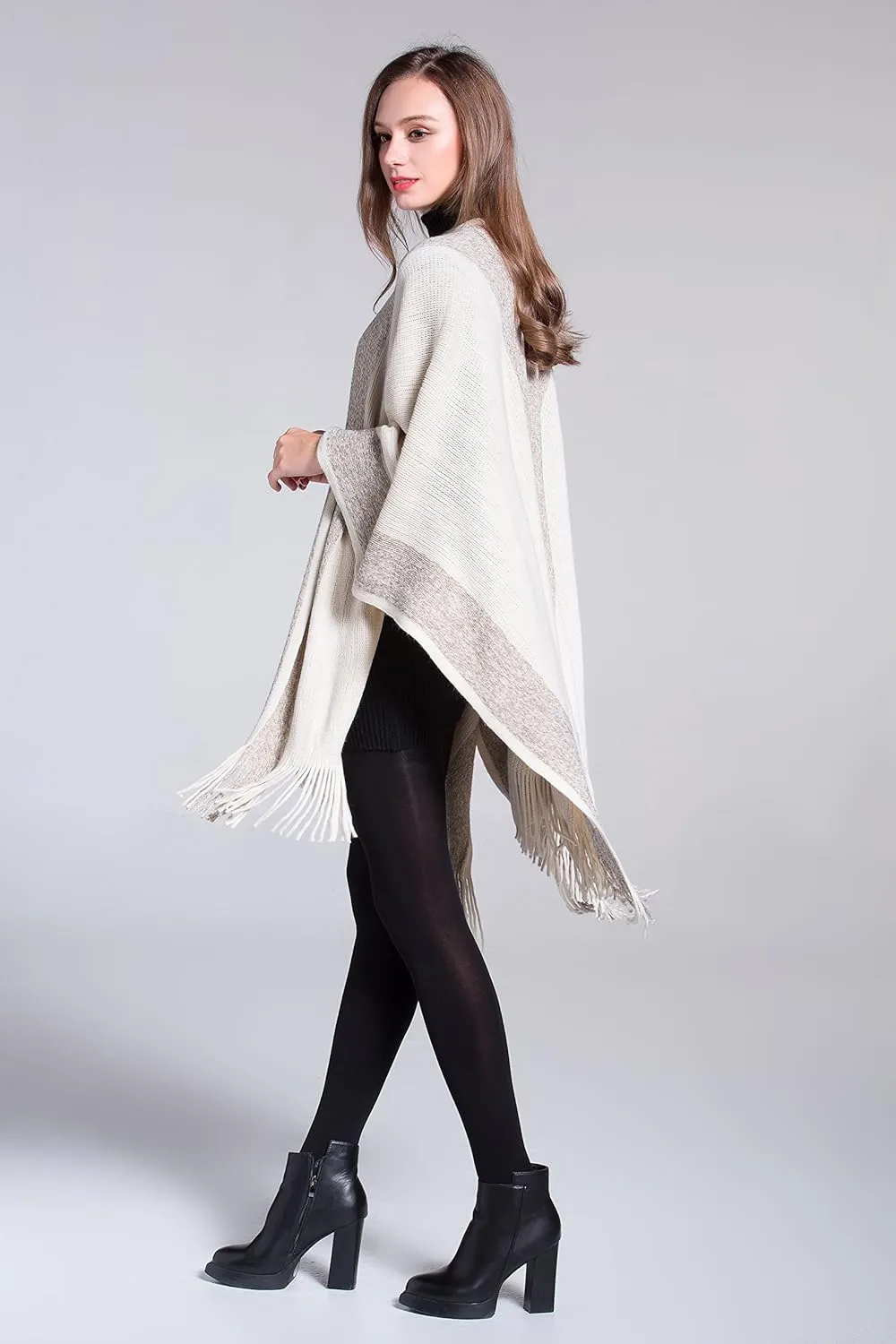 ZLYC Women's Shawl Golden Trim Knit Blanket Wrap Fringe Poncho Coat Cardigan