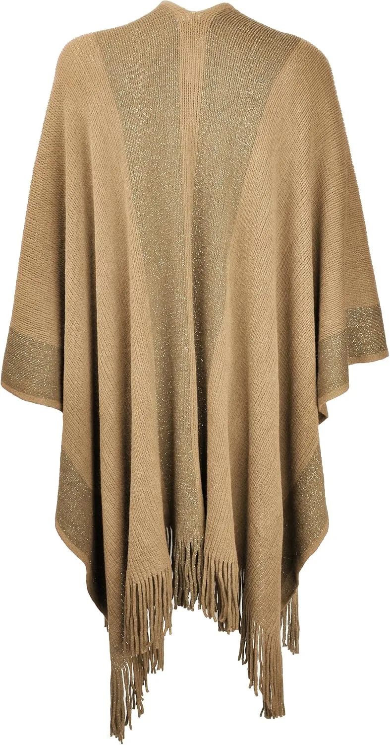 ZLYC Women's Shawl Golden Trim Knit Blanket Wrap Fringe Poncho Coat Cardigan