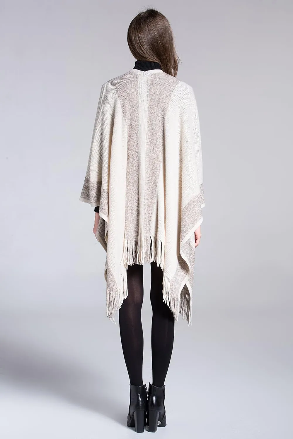 ZLYC Women's Shawl Golden Trim Knit Blanket Wrap Fringe Poncho Coat Cardigan