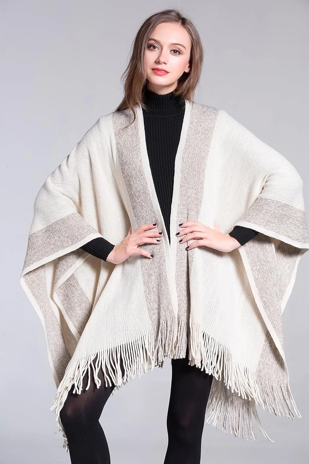 ZLYC Women's Shawl Golden Trim Knit Blanket Wrap Fringe Poncho Coat Cardigan