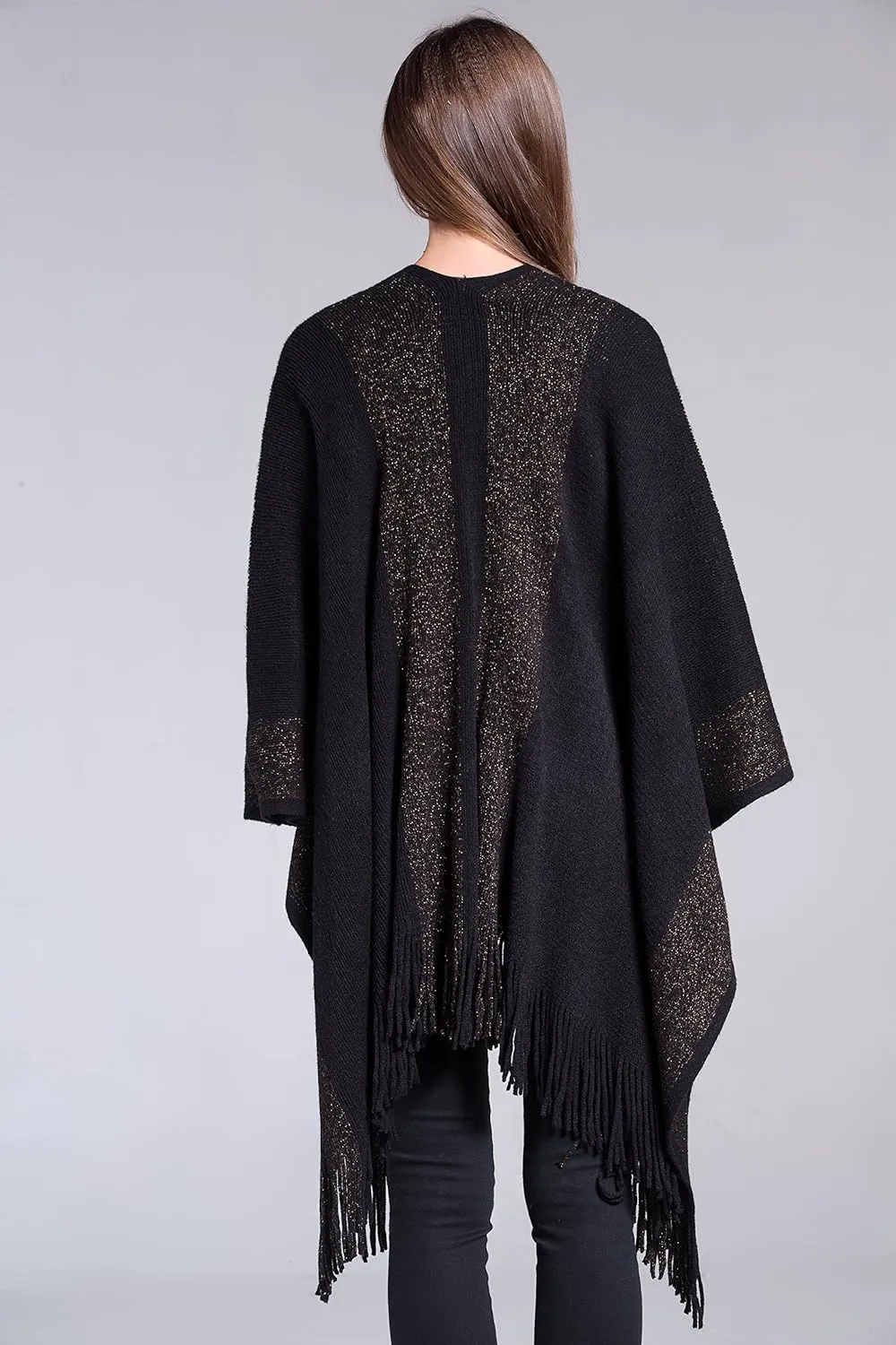 ZLYC Women's Shawl Golden Trim Knit Blanket Wrap Fringe Poncho Coat Cardigan