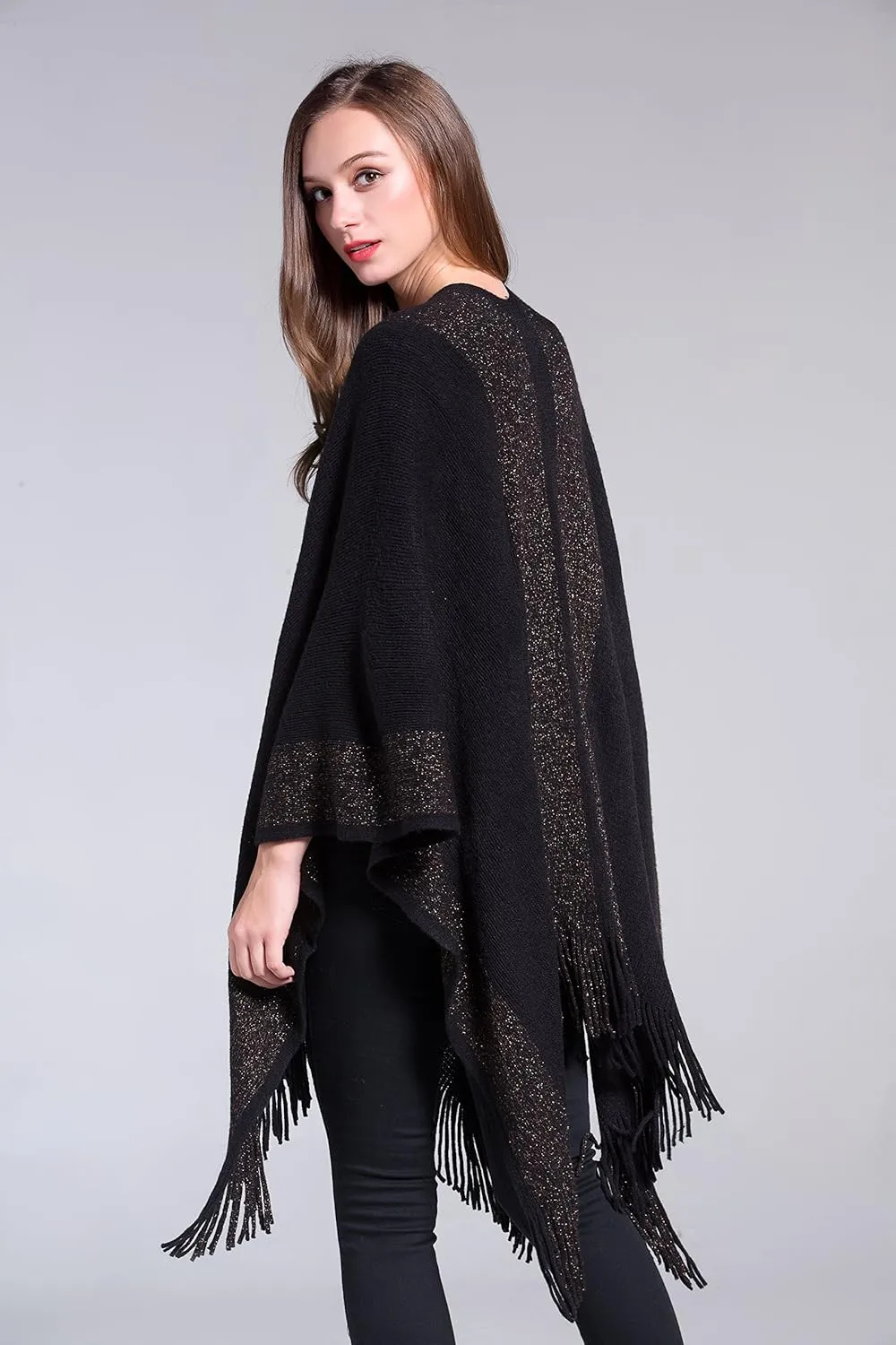 ZLYC Women's Shawl Golden Trim Knit Blanket Wrap Fringe Poncho Coat Cardigan