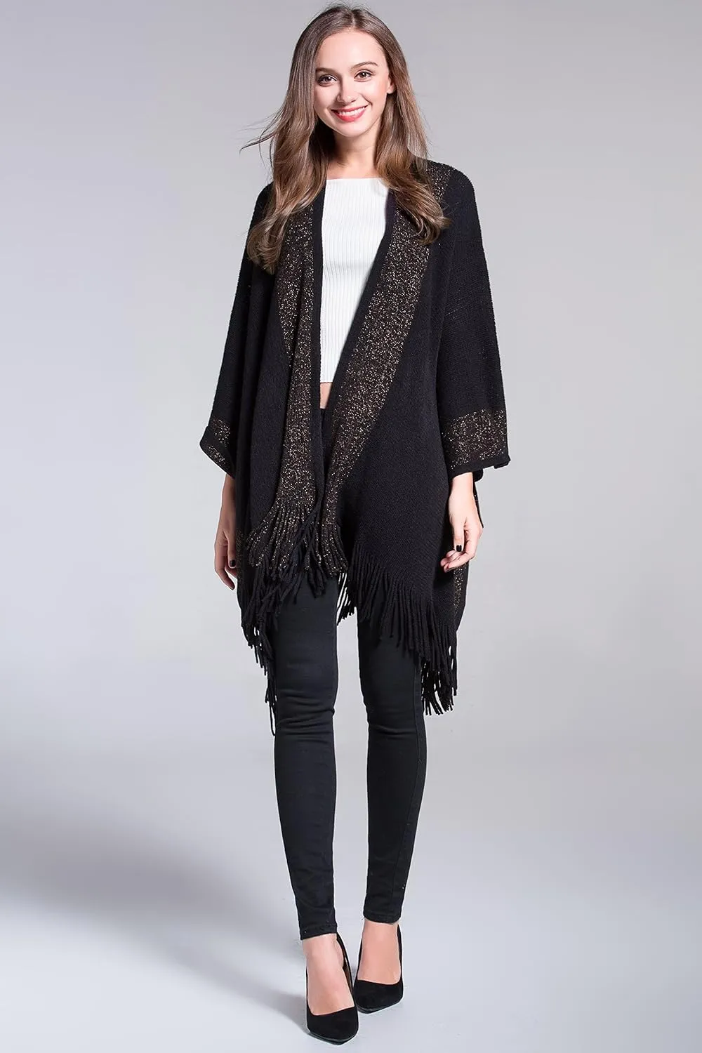 ZLYC Women's Shawl Golden Trim Knit Blanket Wrap Fringe Poncho Coat Cardigan