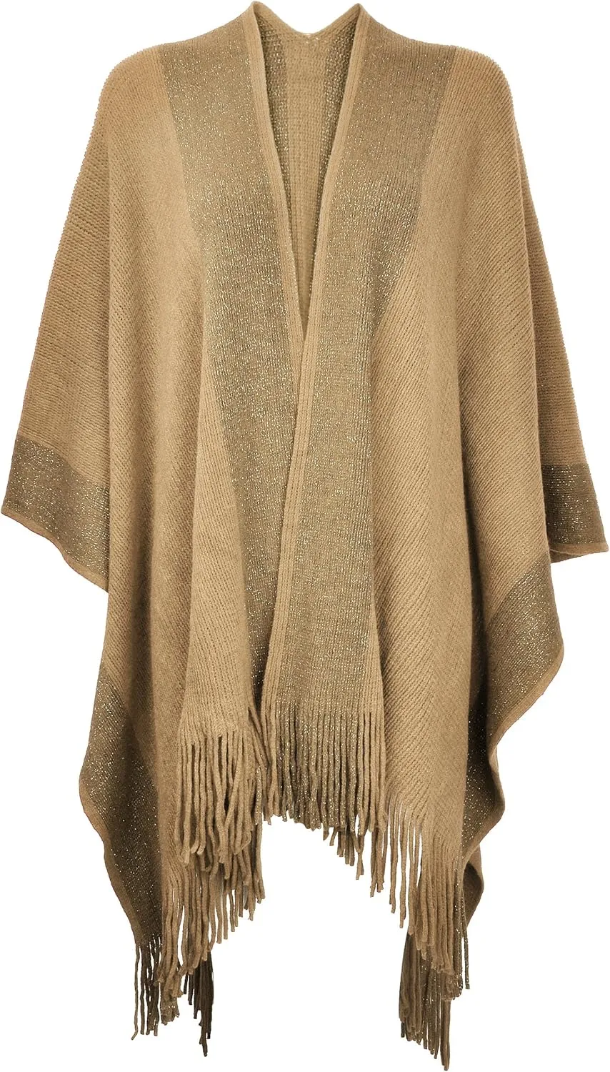 ZLYC Women's Shawl Golden Trim Knit Blanket Wrap Fringe Poncho Coat Cardigan