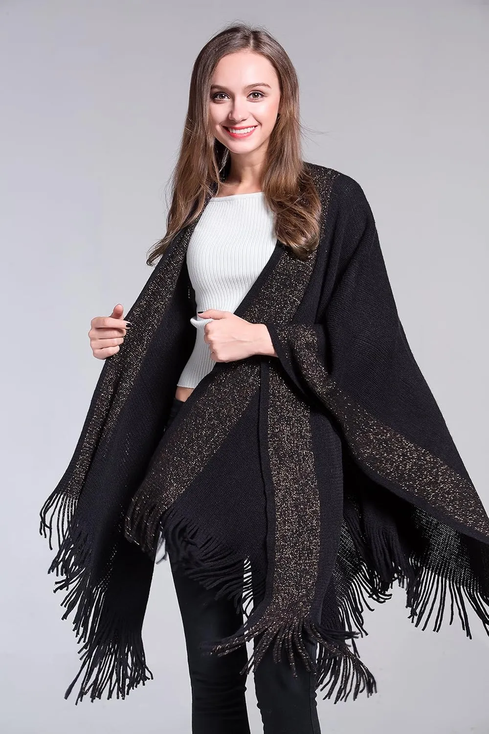 ZLYC Women's Shawl Golden Trim Knit Blanket Wrap Fringe Poncho Coat Cardigan