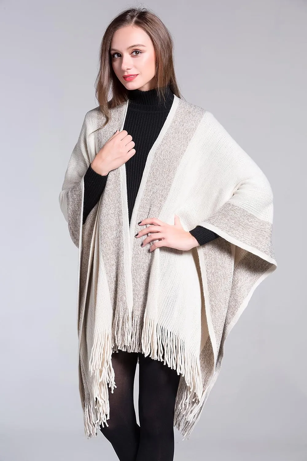 ZLYC Women's Shawl Golden Trim Knit Blanket Wrap Fringe Poncho Coat Cardigan