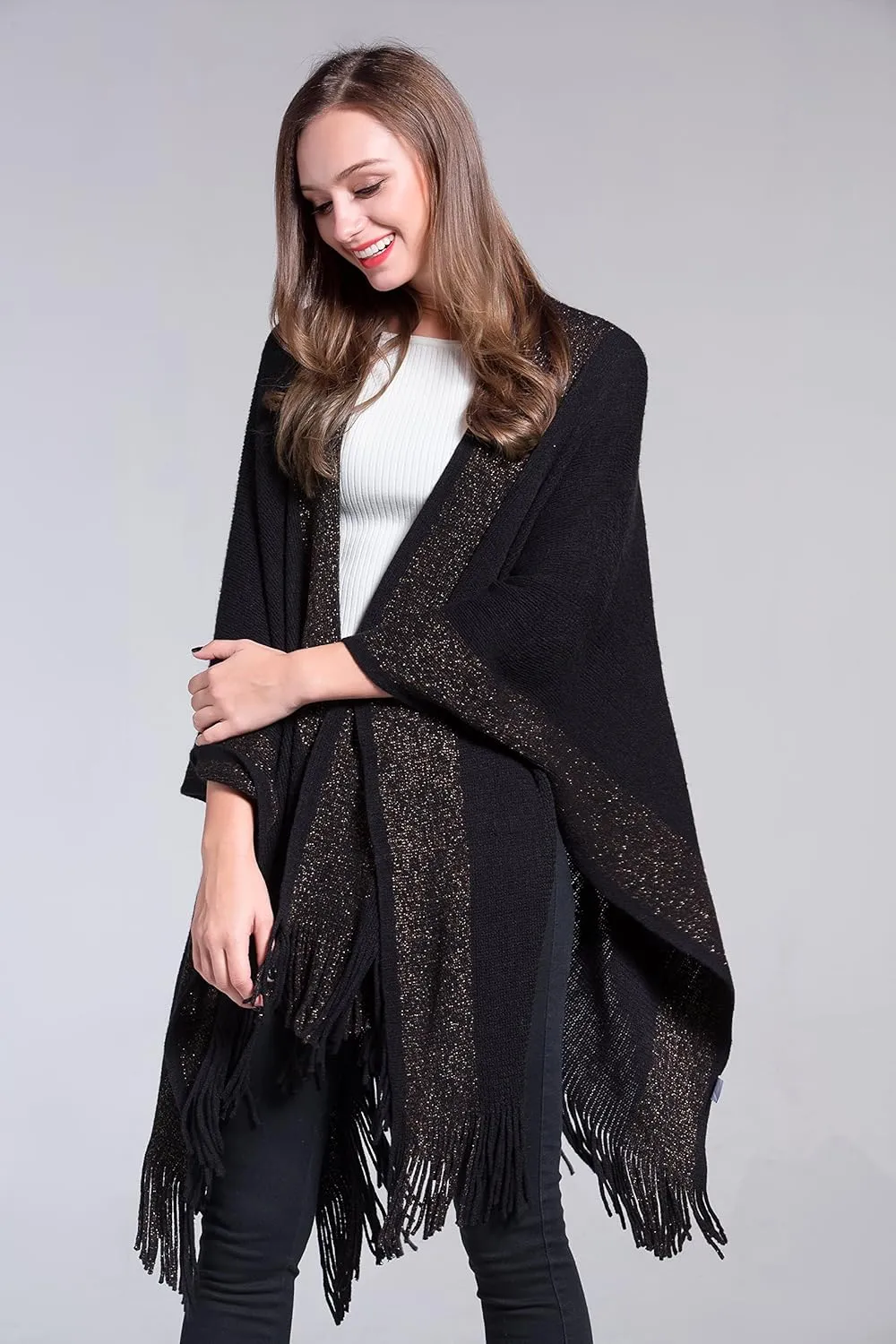 ZLYC Women's Shawl Golden Trim Knit Blanket Wrap Fringe Poncho Coat Cardigan