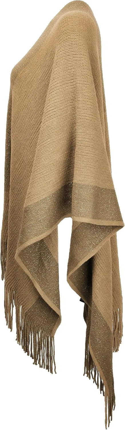 ZLYC Women's Shawl Golden Trim Knit Blanket Wrap Fringe Poncho Coat Cardigan